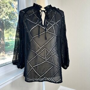 Caballero‎ Anthropologie Amala Eyelet Sheer Blouse Top Womens S 3/4 Sleeve Boho